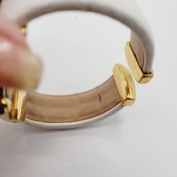 Joan Rivers Quartz Cuff Watch White Genuine Leather Band Gold Tone - Picture 6 of 11